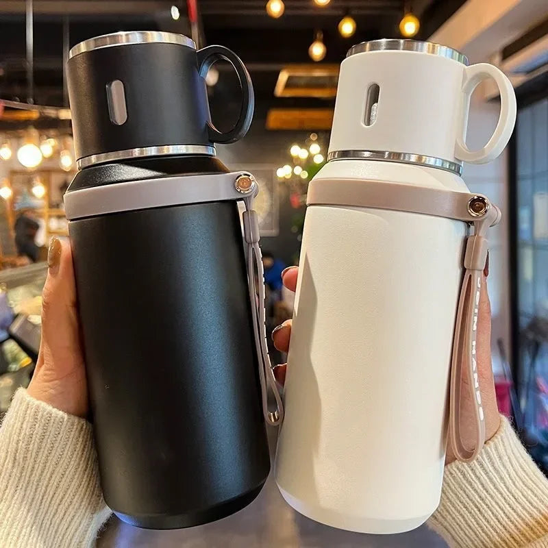 600ML Stainless Steel Insulated Bottle Double Wall Vacuum with Cup Lid Rope Handle Office Home Travel Thermos Coffee Cup Outdoor