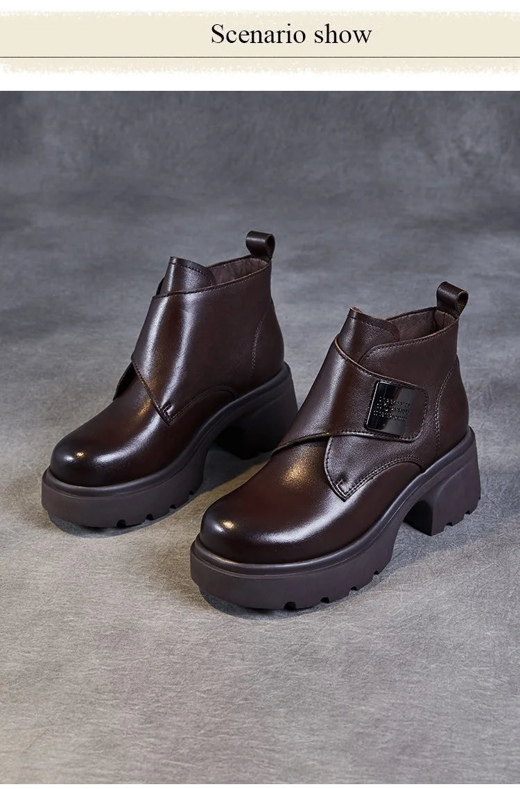 DRKANOL Wide Head Design Women Platform Boots Autumn Winter Warm Thick High Heel Hool And Loop Metal Genuine Leather Ankle Boots