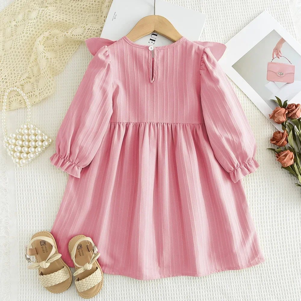 Plain Casual Girls Dress Autumn Long Sleeved Pleated Kids Dresses for Girls Pink Clothes Fashionable New Children's Clothing