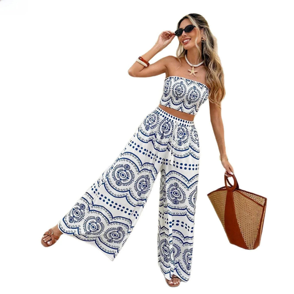 Bohemian Print Crop Top And Wide Leg Pants Two Piece Set for Women Summer Fashion Outfit Spicy Girl Casual Wear
