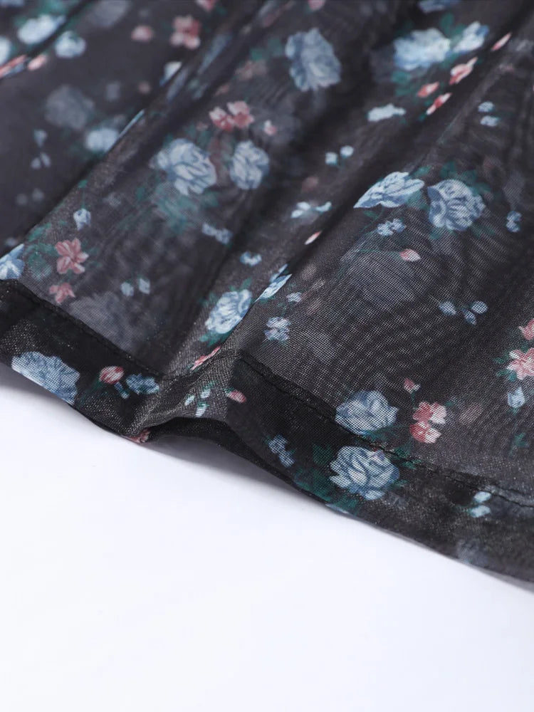 Elegant Printed Women's Dress V-neck Front Split Waist-closed Sashes Wrist Sleeve Gauze Dresses 2026 Summer Chic Female Robe