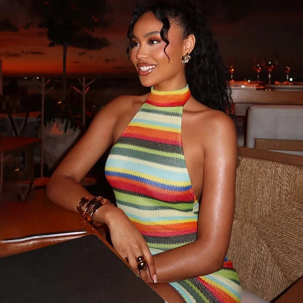 Cryptographic Striped Knit Halter Mini Dress Colorful Contrast Sleeveless Backless Summer Casual Clubwear Bodycon Short Dresses