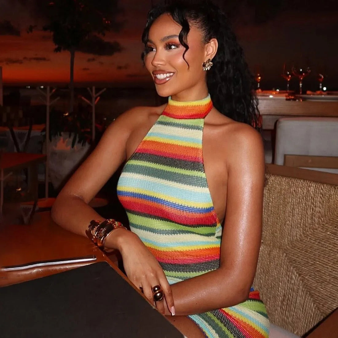 Cryptographic Striped Knit Halter Mini Dress Colorful Contrast Sleeveless Backless Summer Casual Clubwear Bodycon Short Dresses