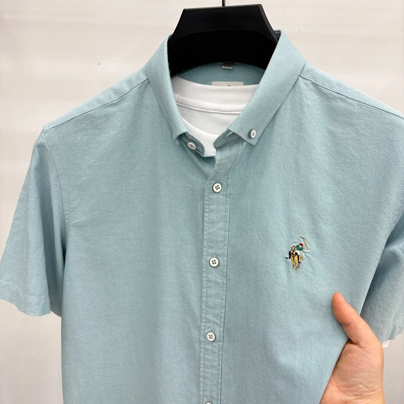 Short Sleeved Shirt Men's Summer New Item Pure Cotton High-end Brand Little Horse Logo Embroidered Casual Shirt