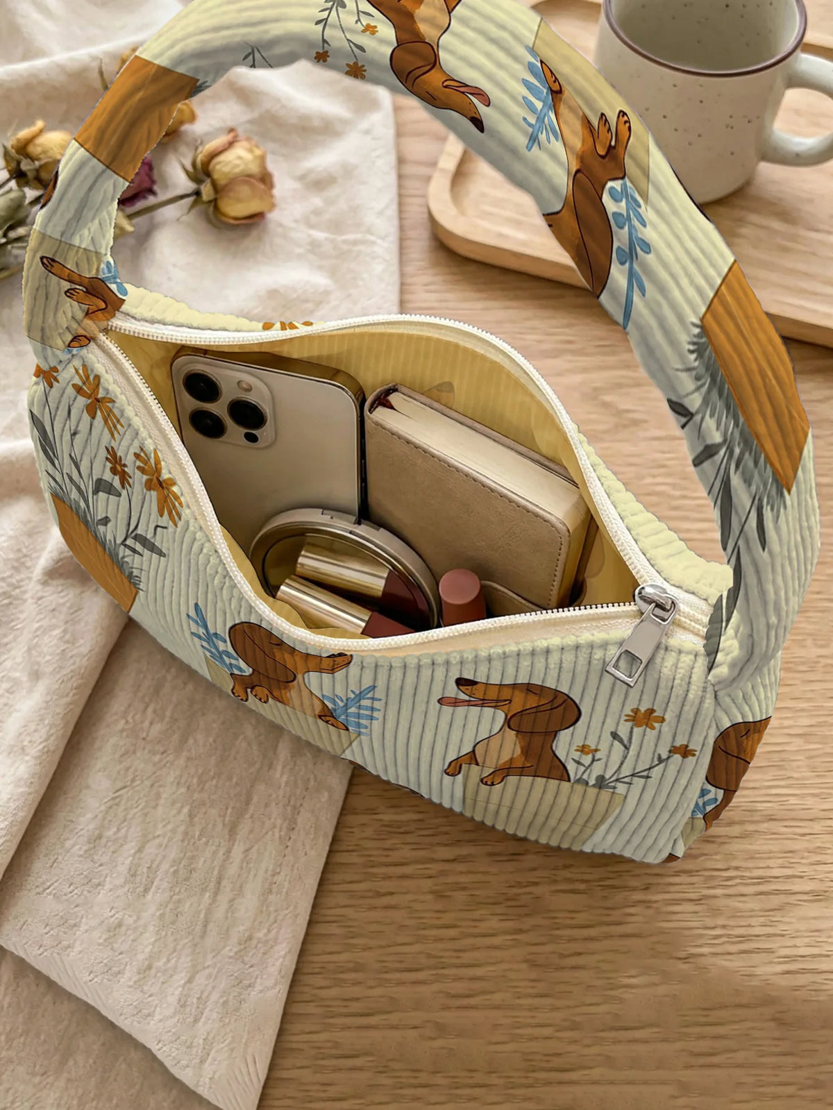 Trendy Dachshund & Floral Print Shoulder Bag, Beige Corduroy Underarm Bag for Daily Casual Use