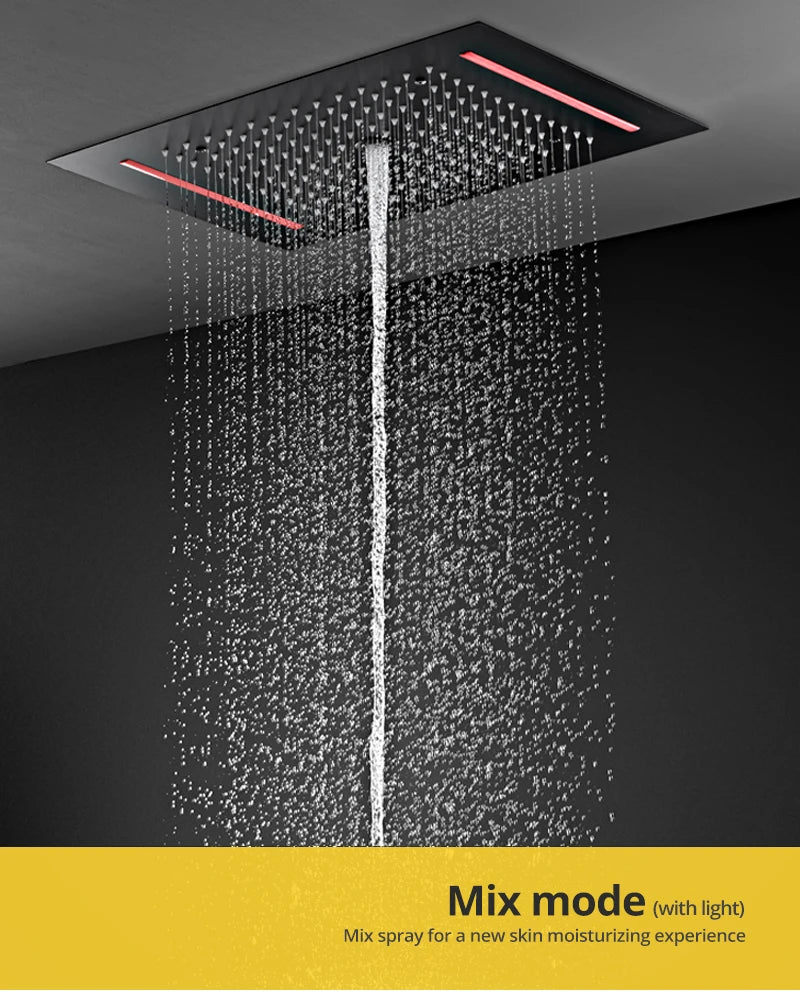 Digital Shower Set Ceiling Rain Shower Head LED Black Thermostatic Mixing Valve