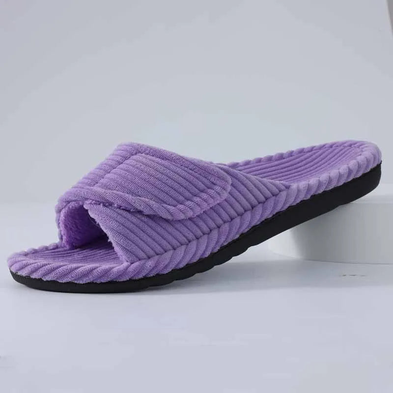 Litfun Open Toe House Slippers For Women New Corduroy Indoor Flat Slides With Adjustable Strap Four Season Lady Orthopedic Shoes