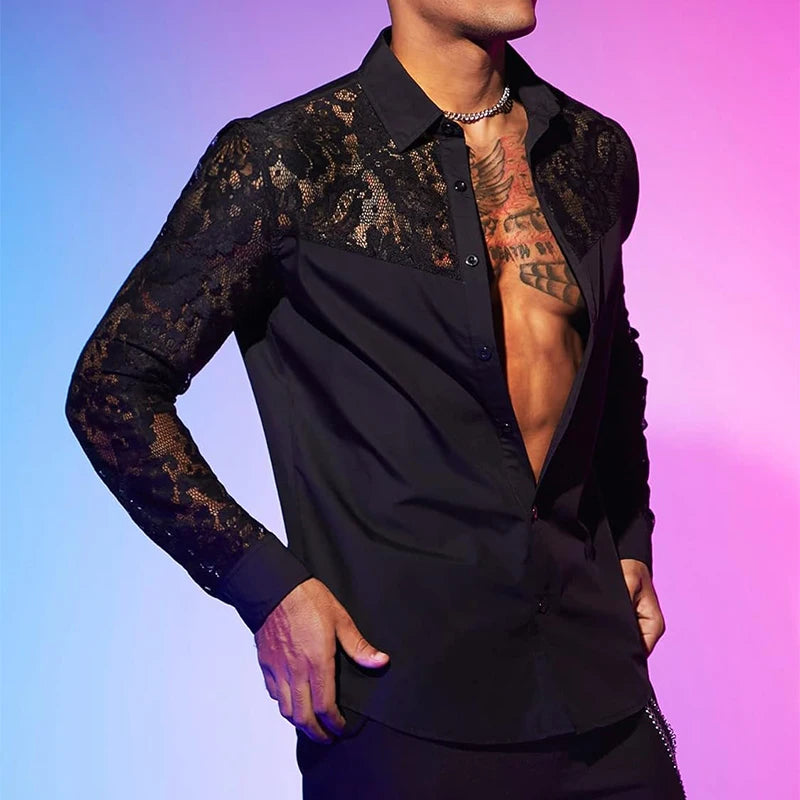 Sexy See Through Mesh Shirts Mens Long Sleeve Embroidery Mesh Lace Shirt For Men Spring Autumn Fashion Buttoned Lapel Cardigans
