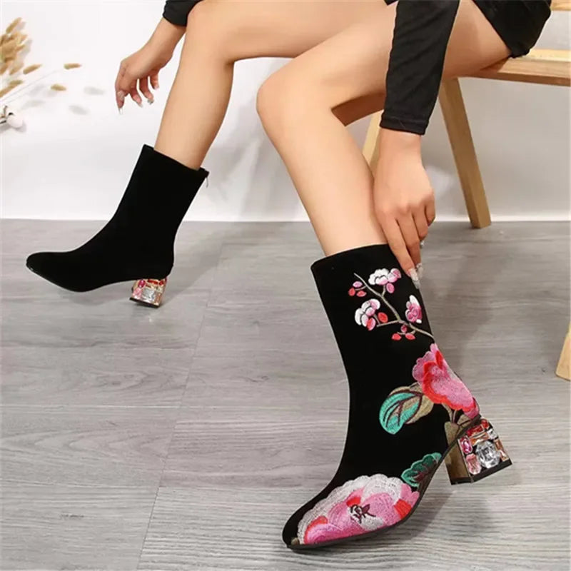 Women Flower Embroider Ankle Boots Winter Fashion Colorful Rhinestone Square Heels Zipper Motorcycle Short Boots Retro Shoes