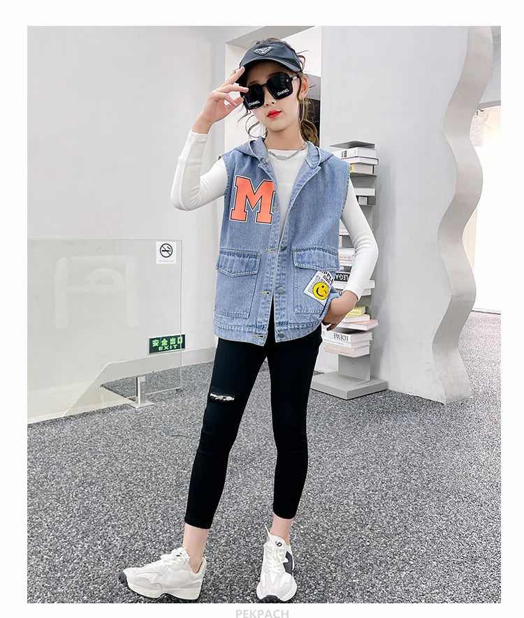 Korean Kids Vintage Hoodies Denim Vest For Girls Casual Streetwear Clothing Teens Child Hooded Denim Waistcoat Jacket Outfits