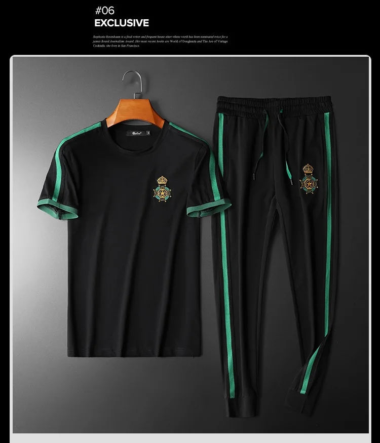 High end luxury exquisite badge embroidered short sleeve suit men's summer top fashion European casual sweatpants two piece set
