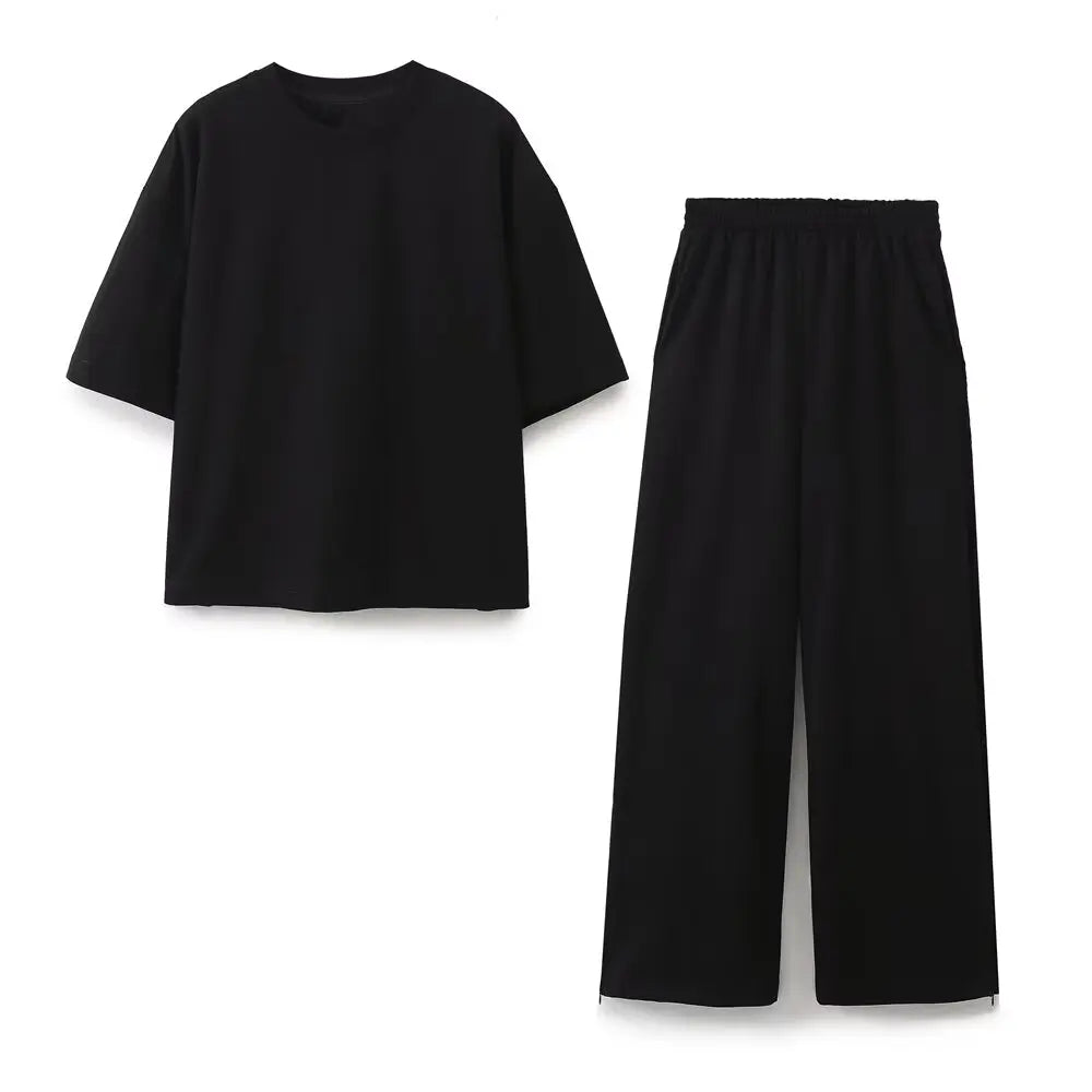 HH 2024 Women's Solid Casual T Shirts Pant Set Short Sleeves O-Neck T-Shirt Top+Lace-up Loose Side Pockets Straight Pant