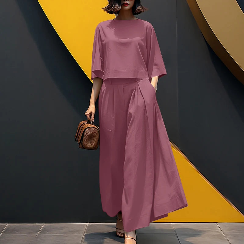 ZANZEA Women Causal 2PCS Pant Sets Loose 3/4 Sleeve Tops Wide Leg Pants 2-Pieces Outfits Solid Color Fashion Commute Tracksuits