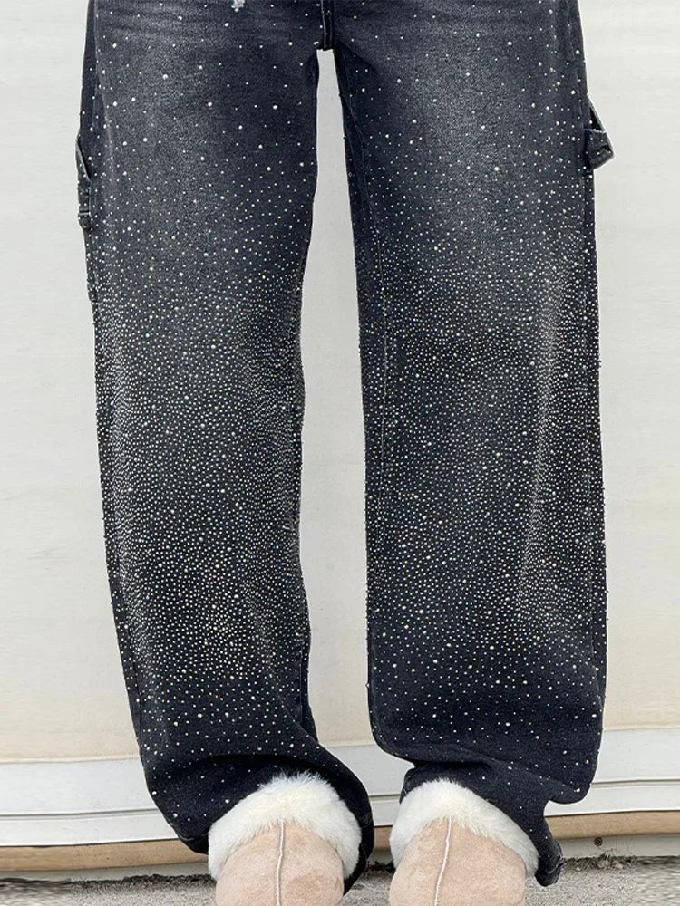 Shiny Rhinestone Baggy Women's Wide Leg Jeans Full Diamond Wide Leg Dragging Denim Pants Vintage Washed Pants Casual Trousers