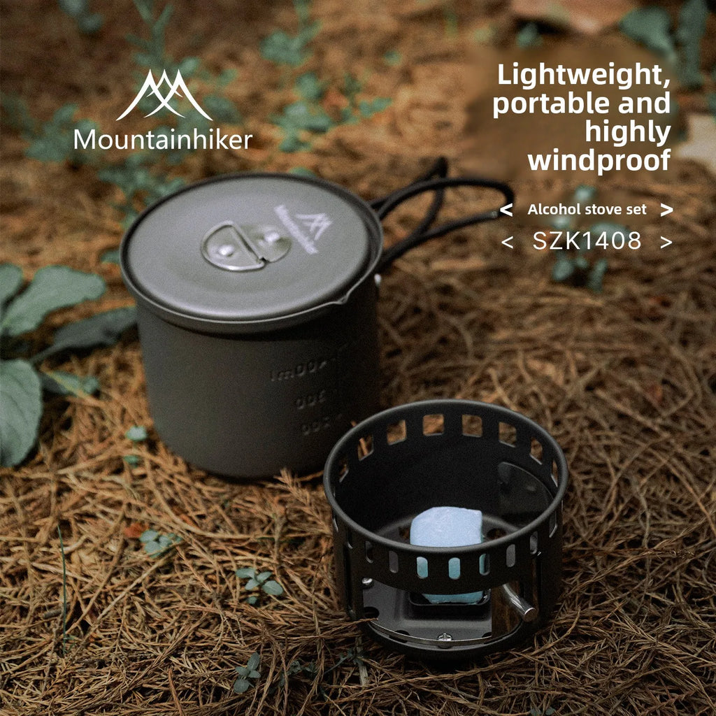 MOUNTAINHIKER Camping Cookware Set, Ultralight Portable Alcohol Stove Set with Pot, Windproof Integrated Cooking Kit for Hiking