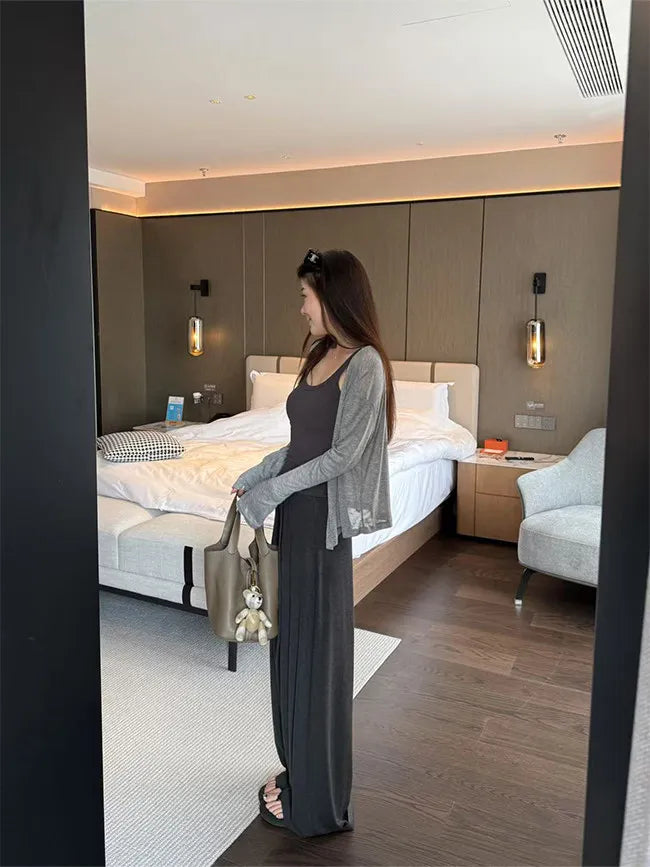 Women's Straight Pants Spring Summer Loose Casual High Waist Wide-leg Pants Drawstring Solid Gray Trousers Women