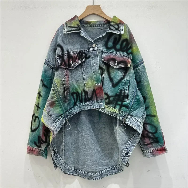 Hand-painted Graffiti Letter Print Denim Coat Zipper Decoration Women Loose Casual Lapel Long Sleeve Irregular Hem Jeans Jacket