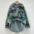 Hand-painted Graffiti Letter Print Denim Coat Zipper Decoration Women Loose Casual Lapel Long Sleeve Irregular Hem Jeans Jacket