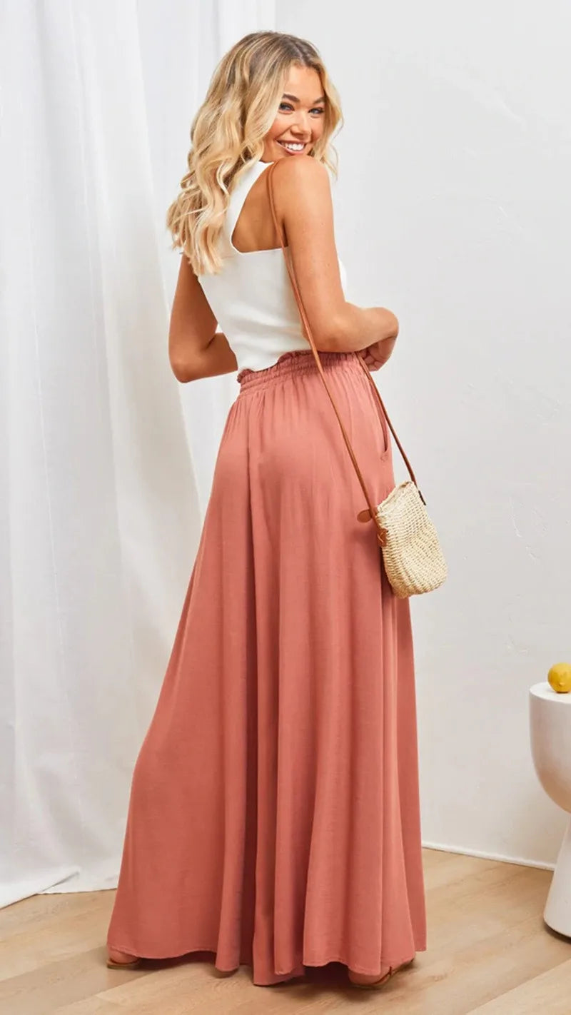 Women's Elastic Long Palazzo Pants Casual Urban Style Tie Detail Polyester Blend Woman Clothes Female Clothing Women's And