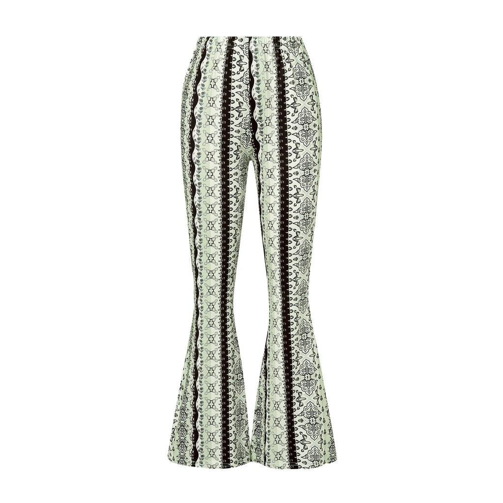 Women Spring Summer Floral Print Elastic Waist Flare Pants Casual High Waist Slimming Long Pants Trousers Leggings Streetwear