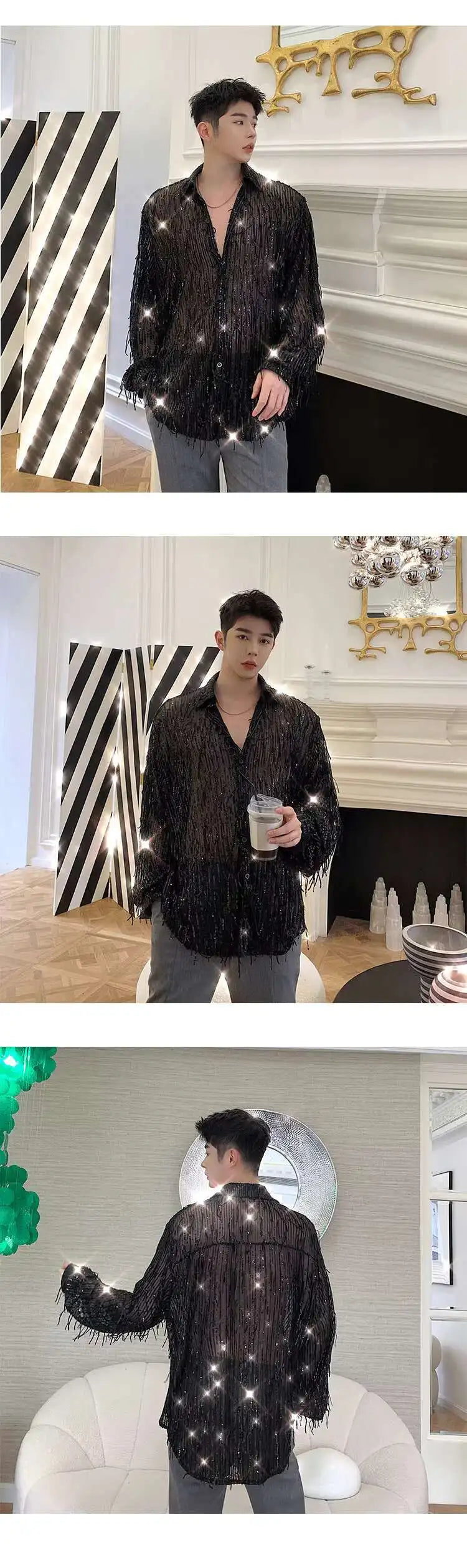 IEFB Spring Summer Men's Shirt Long Sleeve New Irregular Sequin Tassel Shirts Niche Streetwear Korean Style Male Top Tide 9Y7232