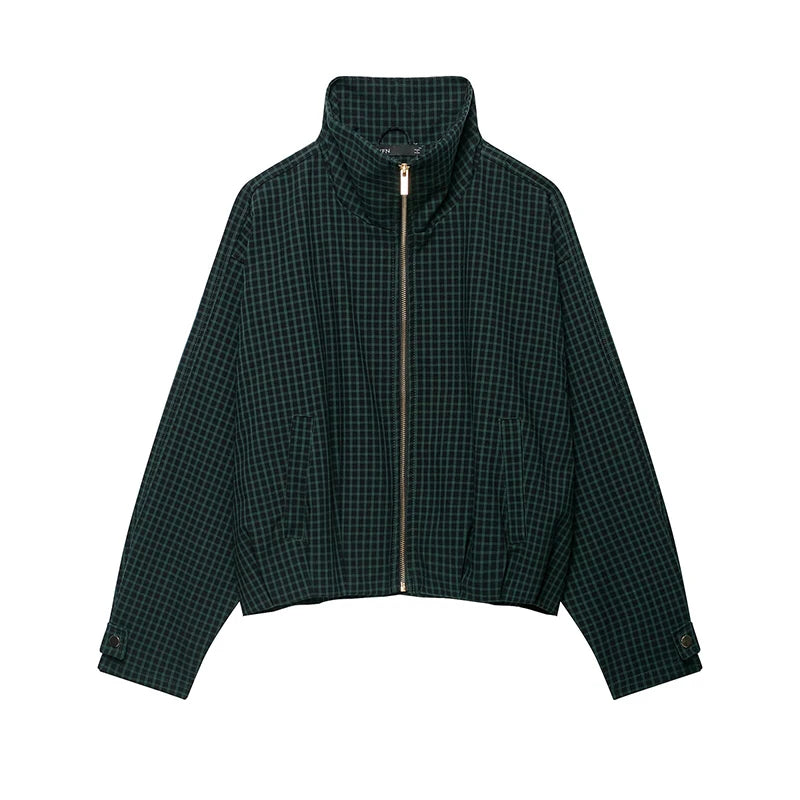 Elegant Plaid Patchwork Women's Jacket Loose Full Sleeve Stand Collar Single Breasted Outwear Female 2026 Fashion Autumn Outwear