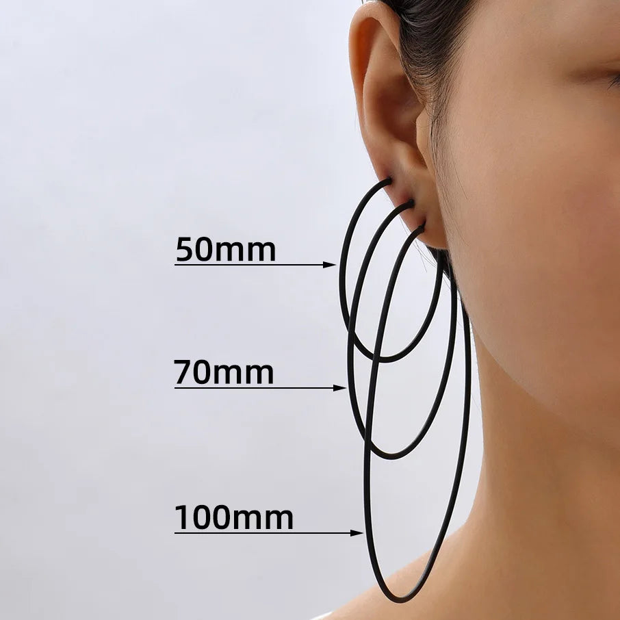 5 Sizes Stainless Steel Black Round Circle Hoop Earrings for Women Punk Exaggerated Smooth Statement Earring Gothic Jewelry Gift