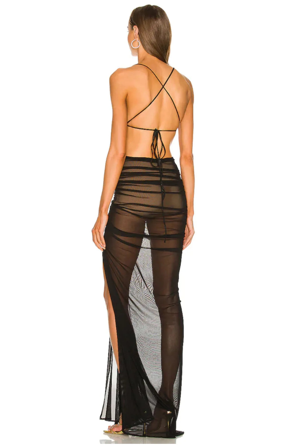 Sexy See-through Mesh Long Dress High Split Halter Pleated Maxi Dresses Prom Party Vestidos Women Backless Outfit Beach Sundress