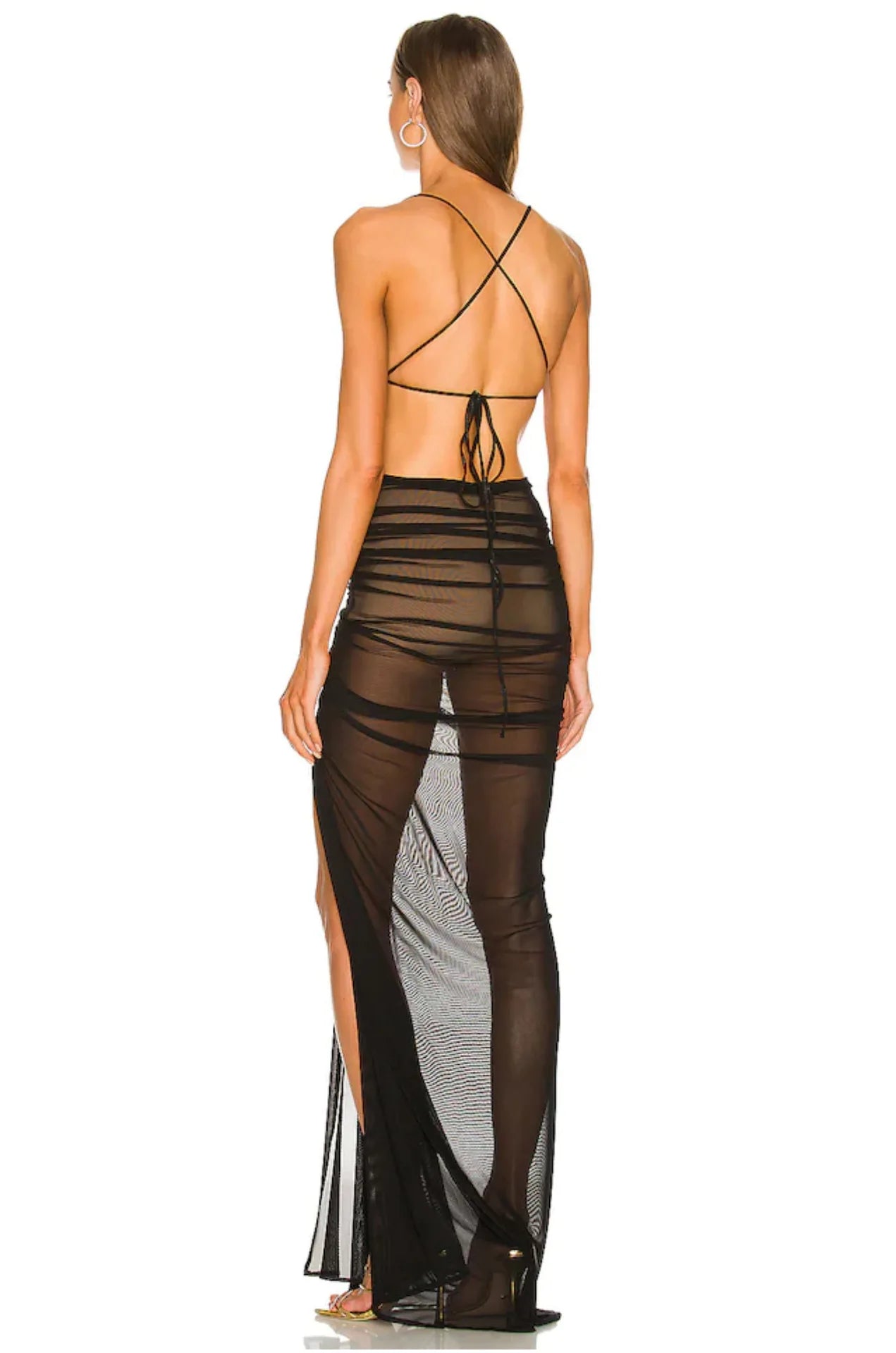 Sexy See-through Mesh Long Dress High Split Halter Pleated Maxi Dresses Prom Party Vestidos Women Backless Outfit Beach Sundress