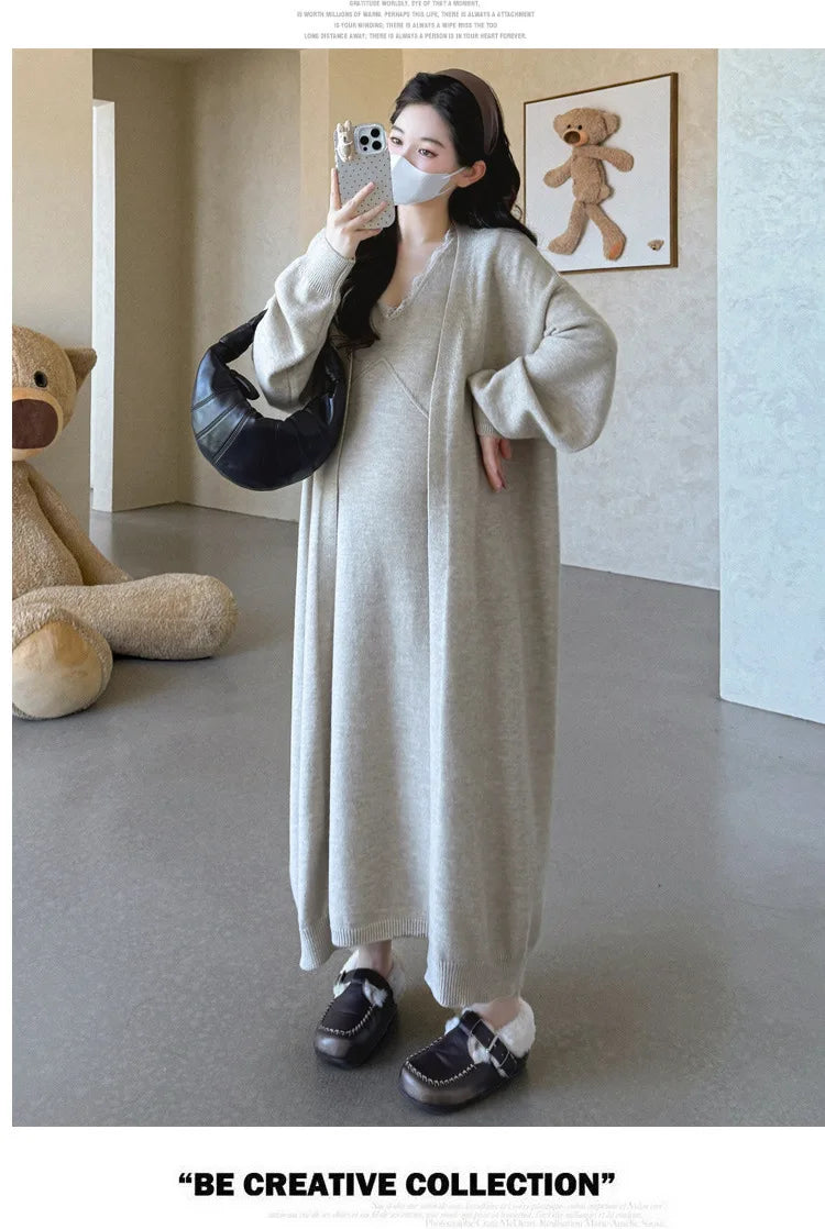 Maternity Suit  Autumn High-End Lazy Style Versatile Long Coat And Lace Paneled V Neck Straight Tank Dress Two Piece Set
