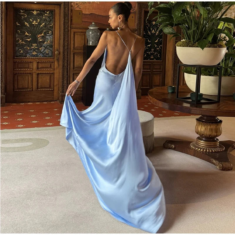Backless Women Dress Satin Spaghetti Strap Maxi Dresses Back Tail Cowl Drape Front Neck Side Split Hem Elegant Evening Bodycon