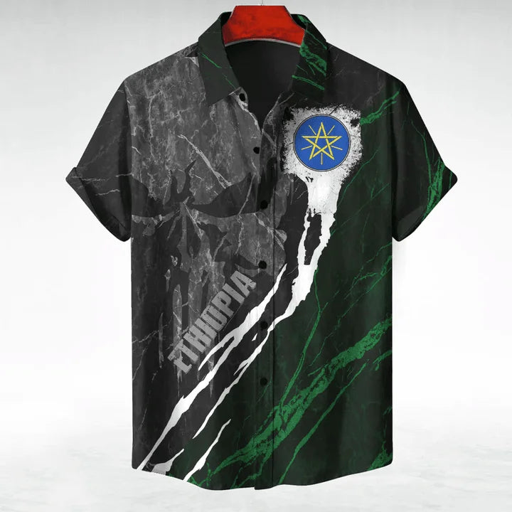 Ethiopia Africa County Flag Map Short Sleeve Shirts For Men Clothes Orthodox Tee National Emblem Graphic Blouses Hawaii Boy Tops