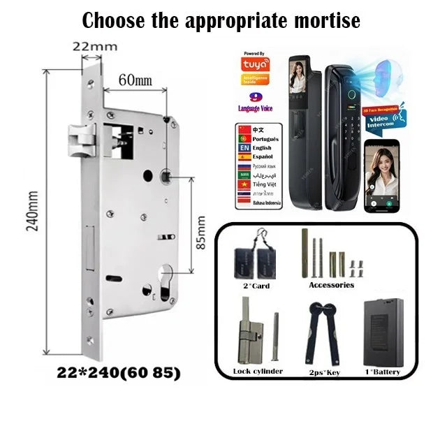 5050 5072 5572 4585 6085 Mortise Tuya WiFi Video Intercom 3D Face Recognition Smart Lock Biometric Camera Auto Keyless Lock