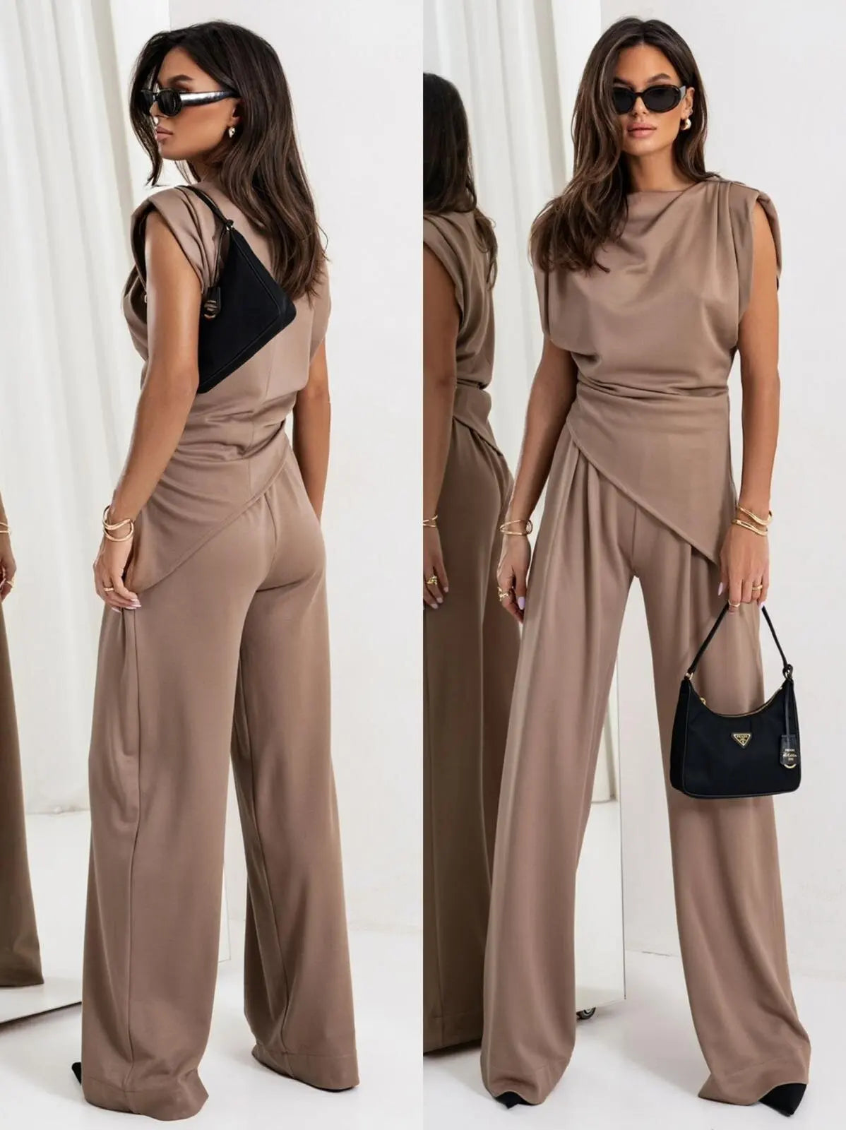 Summer Solid Asymmetric Short Sleeve Set Women's Casual 2-Piece
