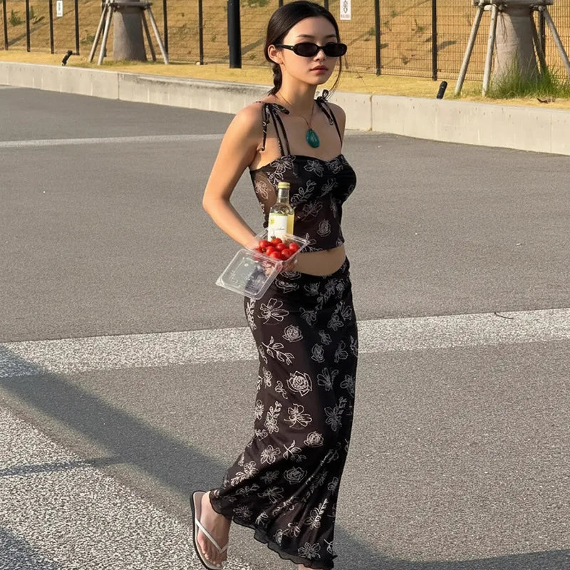 Retro Style Floral Embroidery Three Piece Swimsuit Slim Long Suspender Dress Women Holiday Beach Vacation Cover Up Bikini Outfit