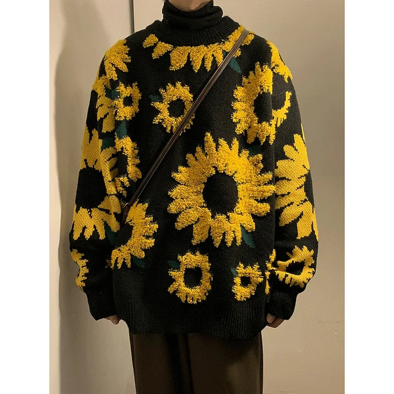 Flocking Floral Sweaters Men Baggy Spring Autumn Japanese Style Retro   High Street Harajuku Knitwear Slouchy Ins