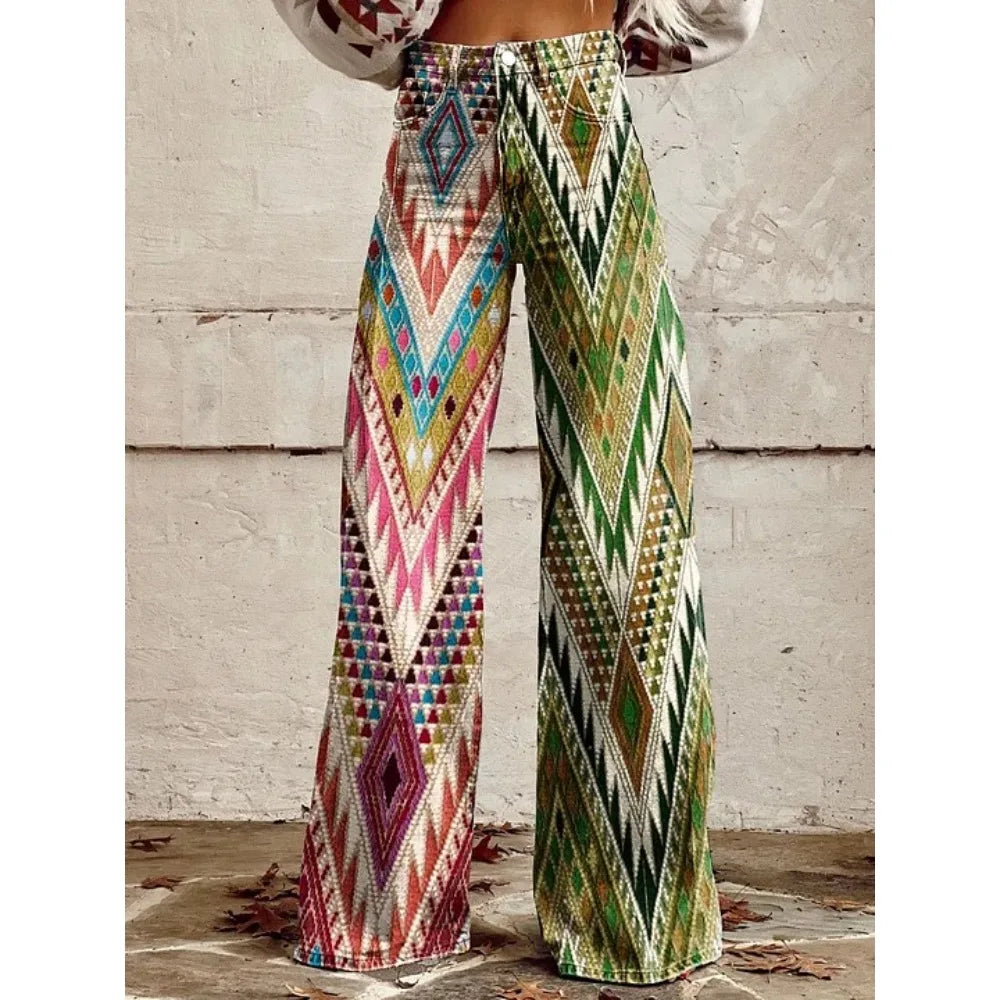 Pink Green Aztec Geometric Print High Waist Wide Leg Pants Cotton Casual Boho Trousers Vintage Women's Western Casual Trousers