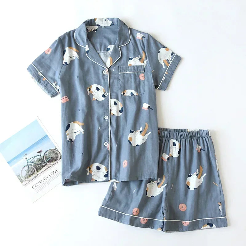 Japanese simple short pyjamas women 100% cotton short sleeves ladies pajama sets shorts Cute cartoon sleepwear women homewear