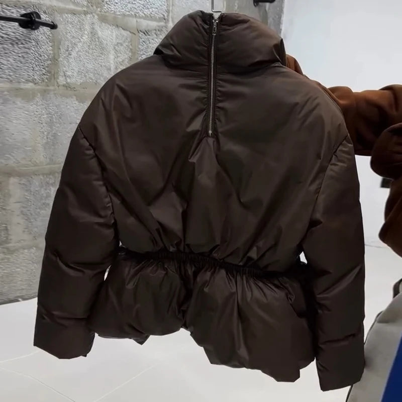 Casual Women's Waist Cinched Padded Cotton Coats Stand Collar Zipper Full Sleeve Coat 2026 Autumn Winter Lady Down Jacket New