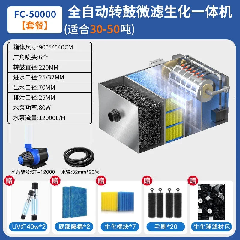 Stainless steel fish pond filter water circulation system silent backwash drum micro filter  A61