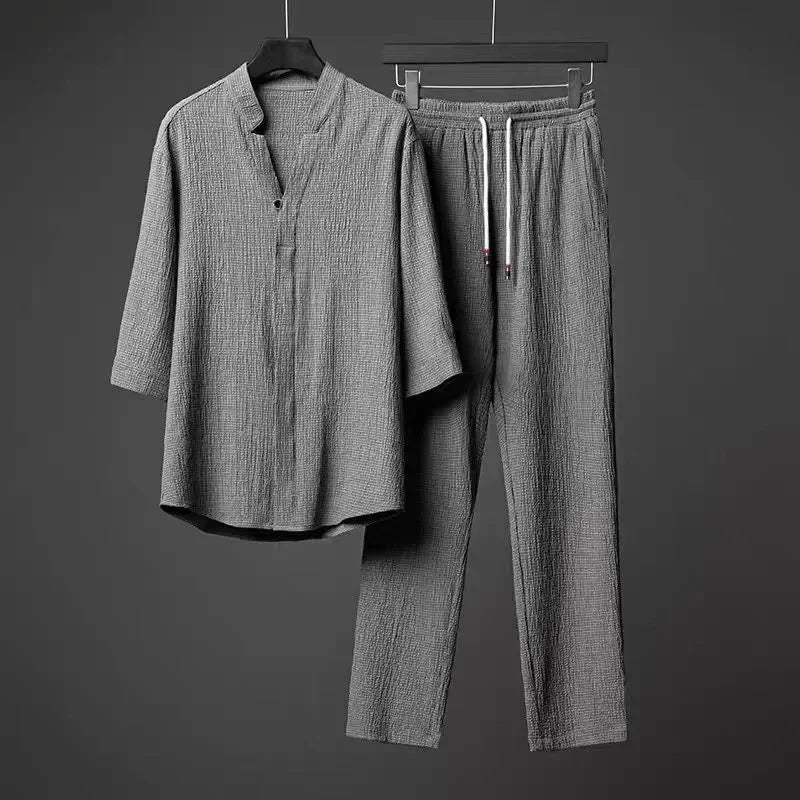 2026 Men's Two Piece Pant Sets Spring Summer Short Sleeve Shirt And Pants Outfits For Men Solid Cotton Linen Clothing Sets Male