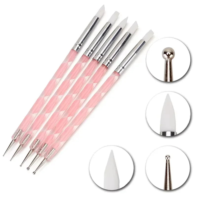 5Pcs Double Ended Nail Art Brush Acrylic Silicone Point Flower Nail Pen Stainless Steel Dotting Tools Marbleizing Painting Pens