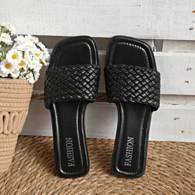 Women's Sandals Summer Luxury Fashion Flat Bottom Slippers Casual Simple Solid Colour One Word Woven Strap Sandy Beach Sandals
