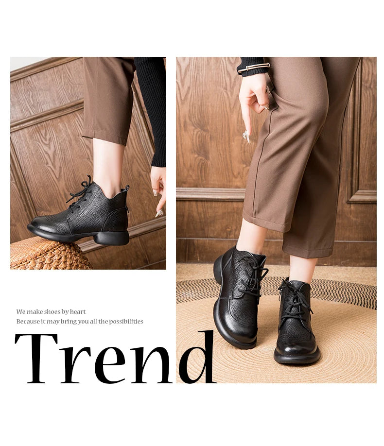 GKTINOO Women Autumn Boots Cowhide Ankle Boots 2025 Winter Retro Casual Genuine Leather Mother Boots Fur Keep Warm Low Heel 41