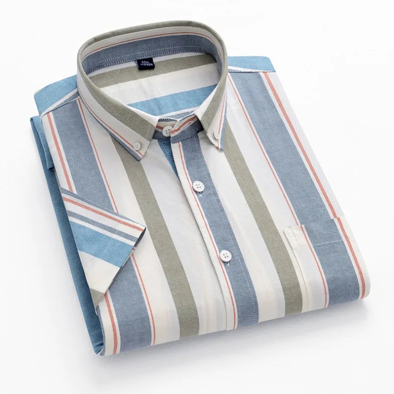 New Men's Striped Fashion Short Sleeve 100% Cotton Oxford Plaid Business Button Down Regular Fit Office Shirt Man Clothing