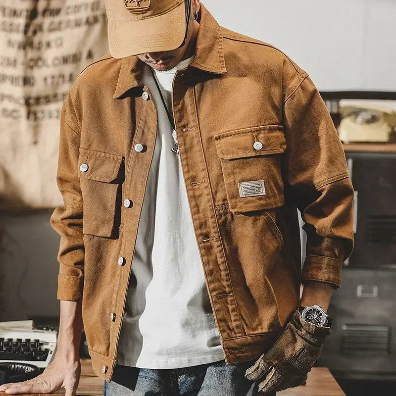 Men's Denim Jacket Vintage Brown Male Jean Coats Cargo Designer Washed Clothing Winter 2025 Korean Style Elatic Original Cowboy