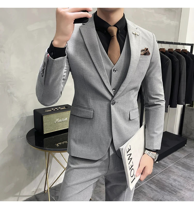 Blazer Vest Pants Men's Navy Blue Suit Set Slim Fit Blazer Vest Pants Formal Outfit for Business Wedding Office Groom Party