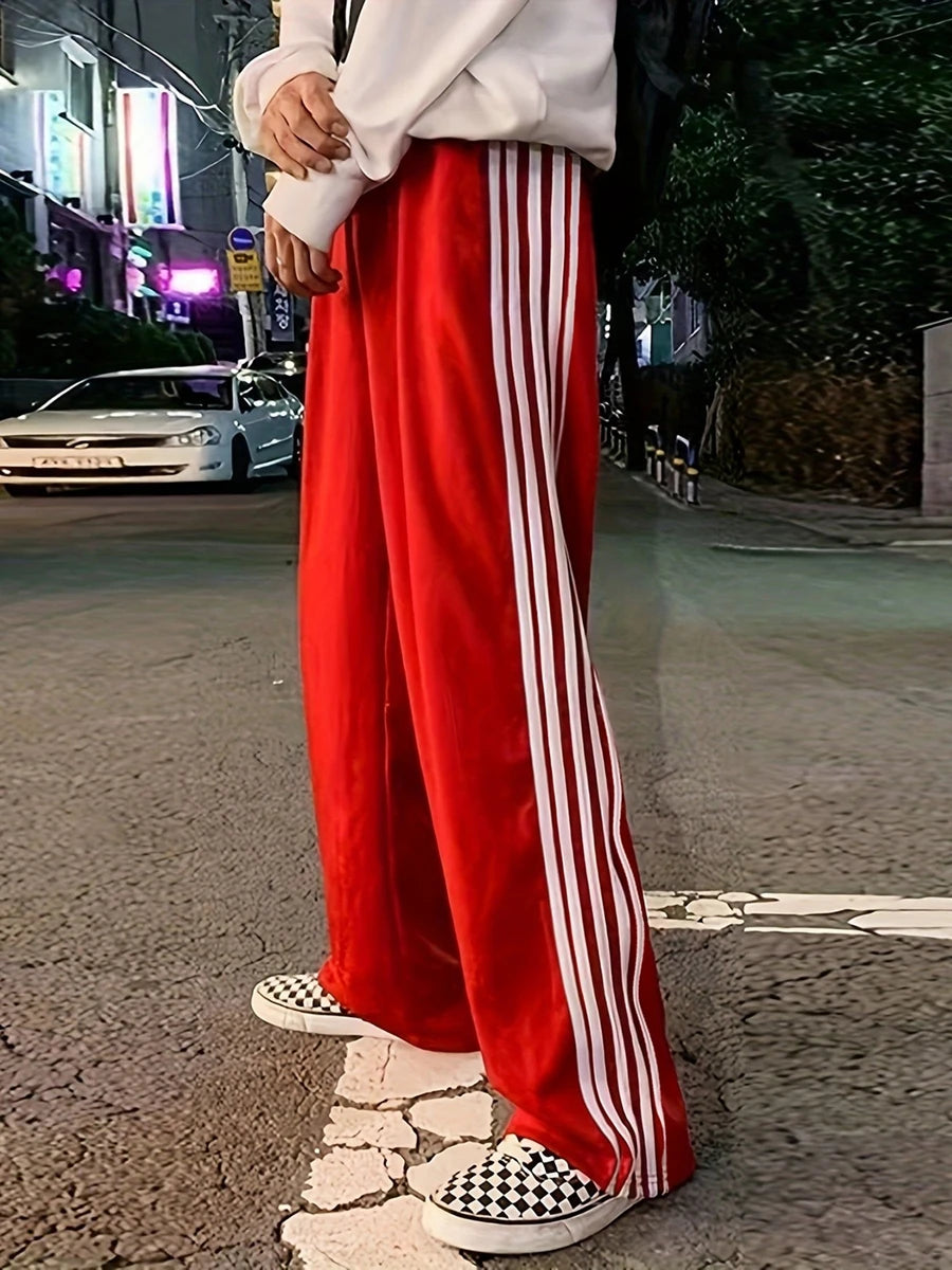 Women's Striped Pants Loose Elastic Waist Drawstring Straight Leg Casual Sweatpants with Pockets y2k Low Rise Baggy Trousers