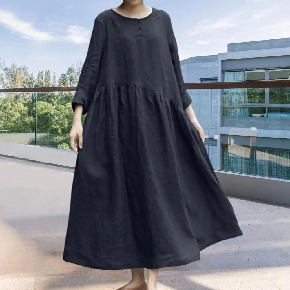 Women's Cotton Linen Maxi Dress Long Sleeve Button Up Crewneck Long Dress with Pockets Plus Size Casual Flowy Beach Sundress