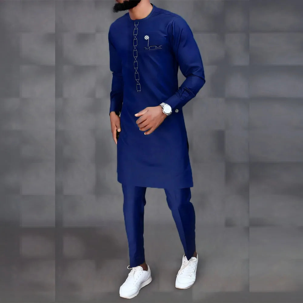 Kaftan Elegant Men's Suit Long Sleeve Ethnic Style Casual EmbroideryTop And Pants 2PCS Sets African Fashion Traditional Outfits